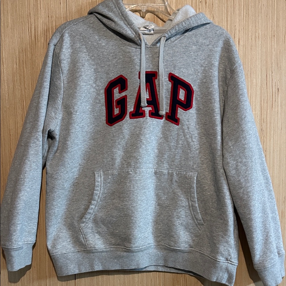 GAP Heather Gray Hoodie with Bold Red Lettering